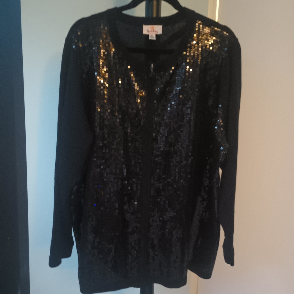 Quacker Factory Plus 2x Sequin Zip Front Black Sweater 22w/24w